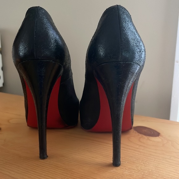 Christian Louboutin Black Textured Leather Red Bottom High Heel Platform Pumps - Picture 14 of 14